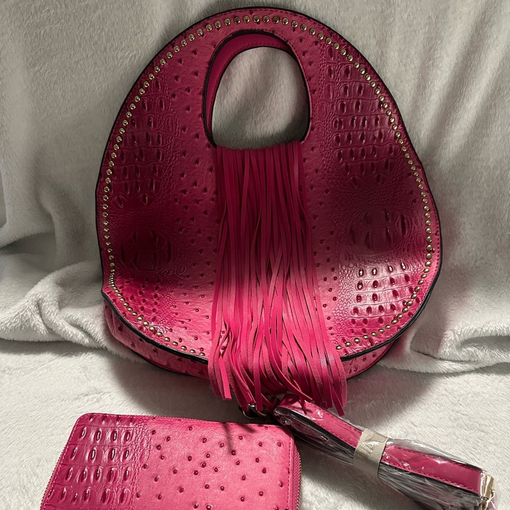 Handbag Republic Crossbody Ostrich Embossed Round Satchel with matching wallet